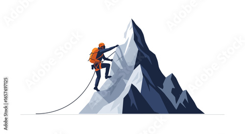 Vector Illustration of Mountaineer Ascending a Snowy Peak with Ropes and Gear, Conquering Challenges and Inspiring Determination