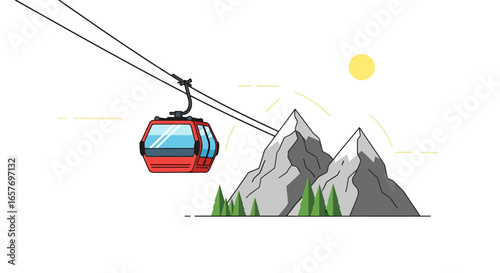 Minimalist Mountain Landscape with Gondola and Sun: Vector Illustration of a Winter Resort Destination