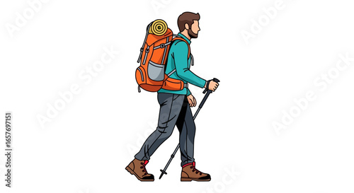 Digital Illustration of a Hiker Embarking on an Outdoor Adventure with Gear and Trekking Poles
