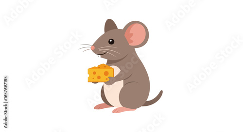 Adorable cartoon mouse illustration, happily holding a delicious piece of swiss cheese on an isolated white background