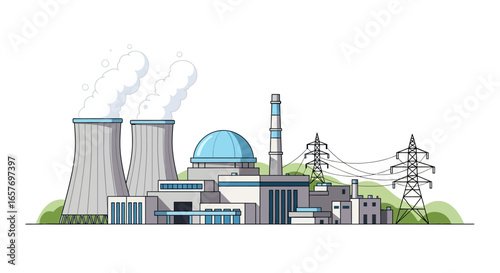 Stylized Illustration of a Nuclear Power Plant with Cooling Towers and Power Lines  for Renewable Power Projects