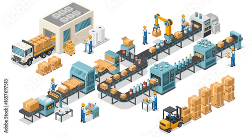 Isometric Illustration Depicting a Modern Automated Manufacturing and Packaging Process for Supply Chain Management Logistics
