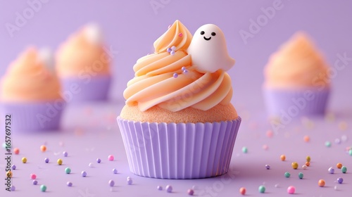 A charming 3D render of a pastel cupcake with an adorable ghost decoration, symbolizing a delightful and sweet Halloween treat