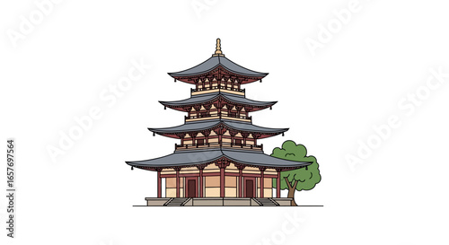 Majestic three-tiered pagoda structure, showcasing intricate architectural design against a pristine white backdrop, symbolizing serene cultural
