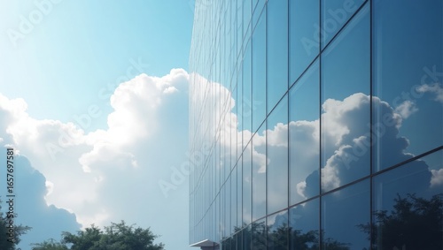 Modern Glass Skyscraper with Cloudy Sky Reflection and Contemporary Design