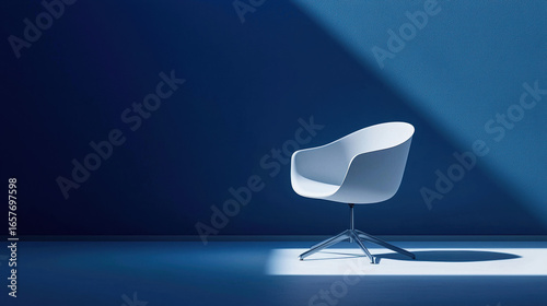 A single minimalist office chair with smooth, pure white surfaces and soft shadows.