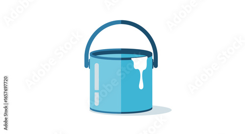 Aesthetic representation of an artist's tool, with a light blue paint bucket overflowing with white paint forming a small streak, presented on an