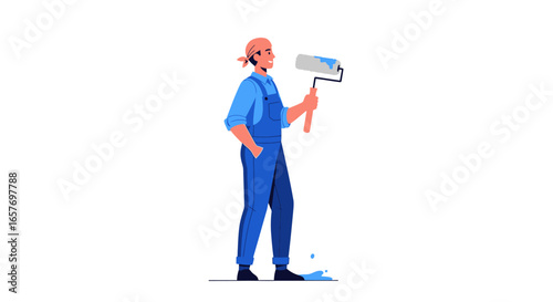 Diligent painter in overalls stands ready with roller creating splashes renovation atmosphere and color scheme transformation for interiors
