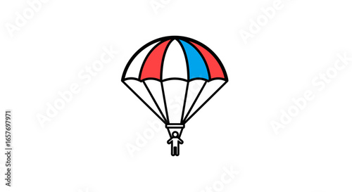 Illustration showcasing a skydiver figure descending gracefully with a vibrant red, white and blue parachute in a minimalist design