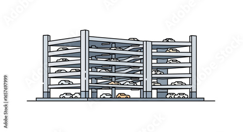 Stylized multi-level car park illustration depicting modern urban infrastructure with several parked vehicles and ramp systems for navigating levels
