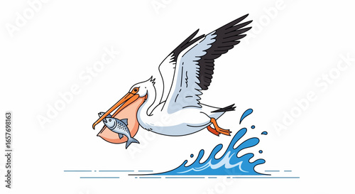 Pelican's Catch: Cartoon Illustration of a Bird Flying with Fish Over Ocean Surface Waters