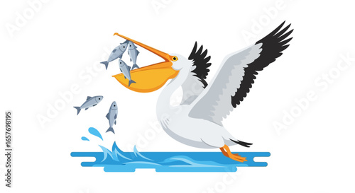 Illustrative Pelican Catching Fish From the Water, With Bold Colors and Cartoon Aesthetic