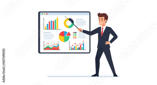 Engaging business analyst presenting strategic data visualizations for corporate financial insights and decision making showcasing analytical