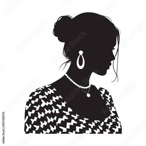 Black silhouetted clipart of a young woman with long hair. She has her hair tied up in a bun. 