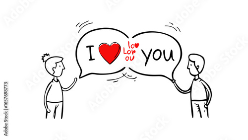 Red heart and love you text doodle hand drawn