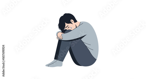 Isolated in despair: Illustration of a young man experiencing profound sadness and vulnerability in a state of desolation