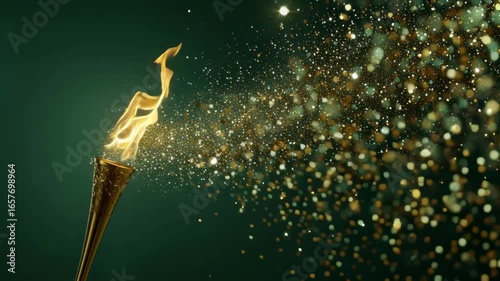 Golden Olympic torch with realistic fire and glowing particles on green screen, perfect for VFX chroma key compositing, sports celebration, victory scenes, cinematic animations, and motivational video