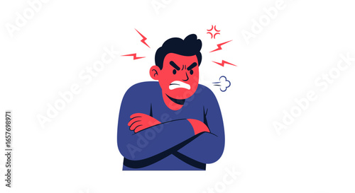 Stylized Furious Character Manifesting Intense Emotion with Crossed Arms and Lightning Bolts Expressing Anger 153 characters