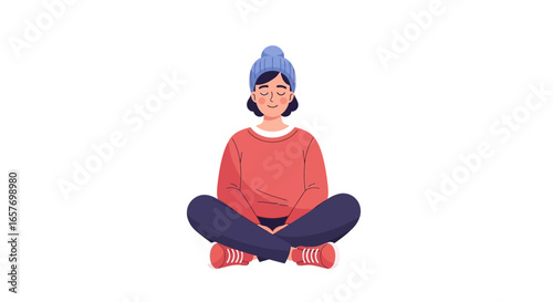 Digital illustration of a woman in a meditative pose for wellness and mental health concept drawing in clean and bright design