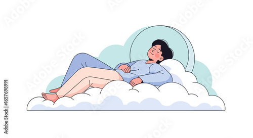 Illustration of serene relaxation: A woman peacefully rests atop a cloud formation floating in a dreamlike setting ideal for wellness promotion