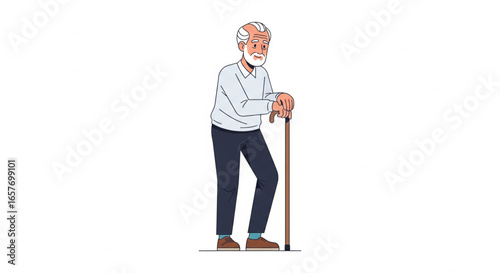 Elderly man with white hair and beard, leaning on a walking stick, standing against a white background.