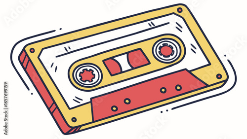 Retro cassette tape with bold yellow and red audio