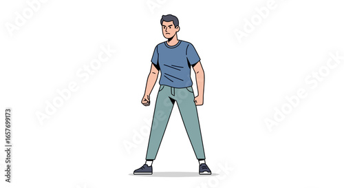 Cartoon portrayal of a man displaying intense emotions, portraying anger, frustration, and determination in a stylized manner, with clean lines,