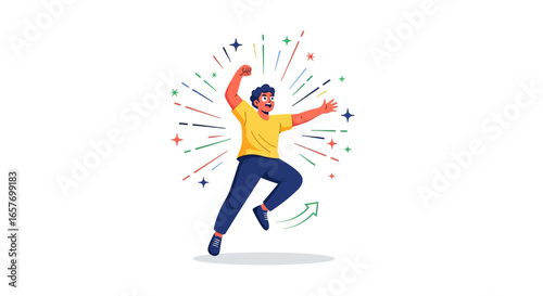 Person celebrating accomplishment, surrounded by colorful burst, radiates joy and success achieved, jumping with high energy