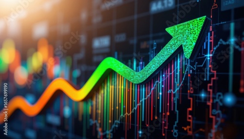 Colorful upward arrow on stock market line graph