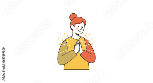 Woman in contemplative pose, expressing gratitude and emitting positive energy in a minimalist vector illustration with floating hearts