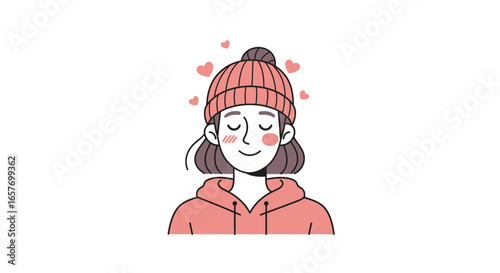 A cartoon girl with a pink beanie and hoodie surrounded by hearts radiating happiness and joyful feelings in a simplistic style illustration