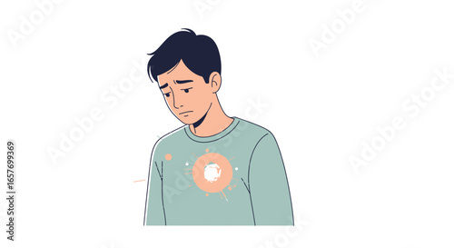 A Cartoonistic Illustration of a Pensive Young Man with an Emotionally Charged Symbol on His Chest Showing Distress