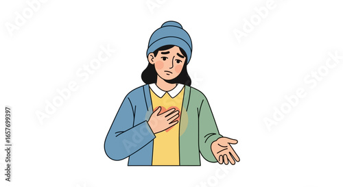 Worried woman with chest pain illustration showing anxiety concept with healthcare elements expressing concern and seeking medical advice in a