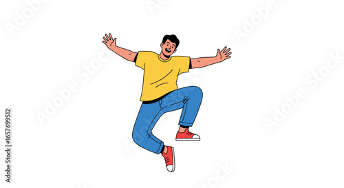 Cartoon style image depicting a happy man in mid-air jump celebrating his triumph, showcasing a lively gesture of jubilation and achievement