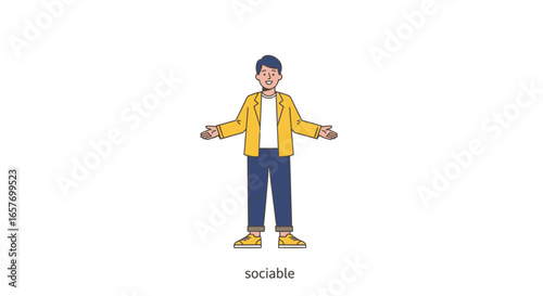 Welcoming gesture of cartoon character with open arms, illustration for social communication and accessibility showcasing a friendly and outgoing