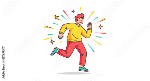 Cheerful fellow cartoon running amidst colorful sparkles and emanating energy, celebrating an achievement with vibrant joy and infectious enthusiasm