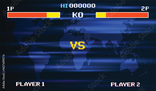 Versus Screen retro game on glitch background of analog tv. 