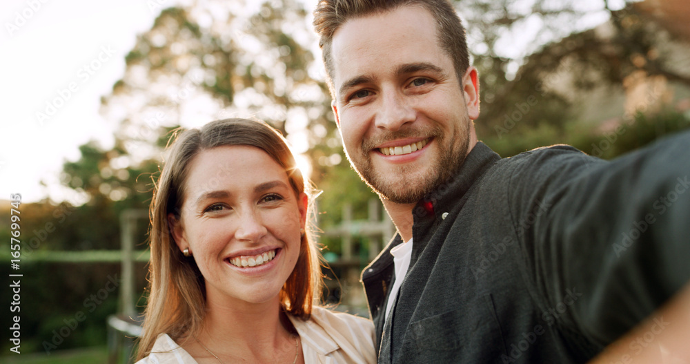 Fototapeta premium Happy, selfie and portrait of couple in nature for relationship, social media and relax together outdoor. POV, dating and man with woman in park with picture, online post and memory for bonding