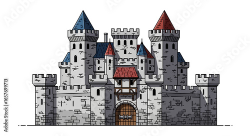 Majestic fortress illustration with imposing stone architecture and colorful rooftop, perfect for fairy tale concept with high towers  and strong
