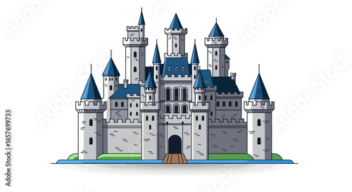 Detailed vector illustration depicting a majestic castle with intricate architectural elements and vibrant color accents drawing a whimsical fairy