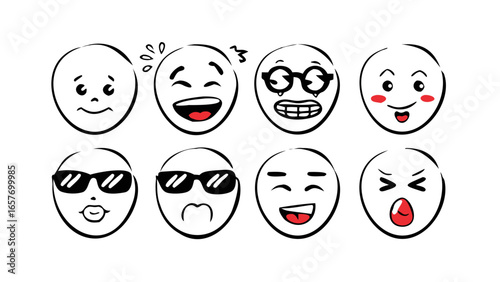 Various facial expressions with red accents face cartoon
