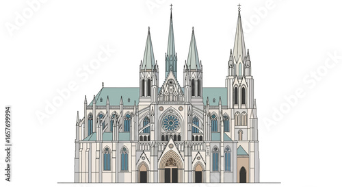 Detailed vector illustration of a grand gothic cathedral with spires and pointed arches for architectural and faith based designs