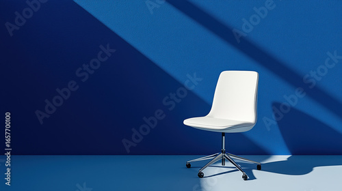 A single minimalist office chair with smooth, pure white surfaces and soft shadows. 