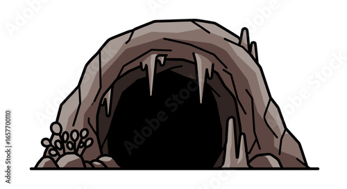 Cartoon Cave Entrance with Stalactites and Subterranean Flora, A Dark and Mysterious Underground Grotto