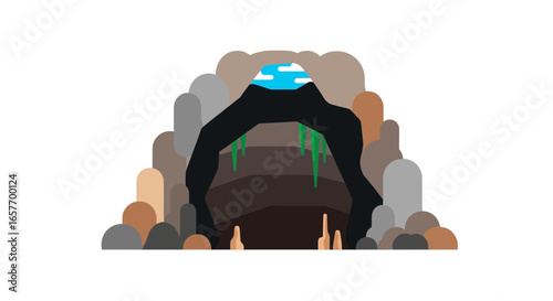 Stylized cave entrance with stalactites and view of blue sky in the background, surrounded by layered rock formations creating a visual depth