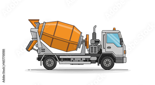 Detailed illustration of a concrete mixing truck showcasing its cylindrical mixer and chassis features for engineering purposes