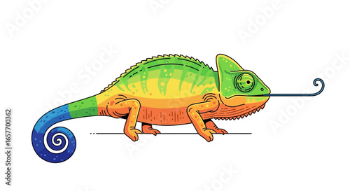 Vibrant chameleon illustration with a playful curled tail and extended tongue, rendered in a bold cartoon style on a clean white background