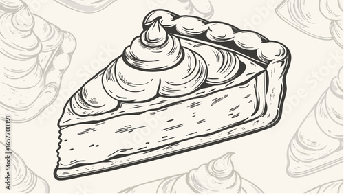 Illustration of a slice of pie with whipped cream topping and crusty edge on a patterned background silhouette