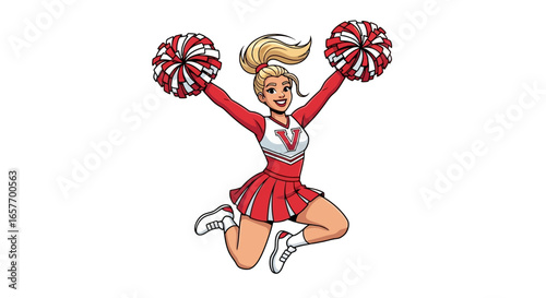 Energetic cheerleader jumps with pom-poms, radiating school spirit and youthful exuberance, embodying athleticism and team support through a lively