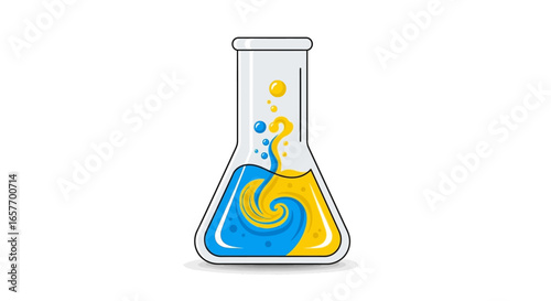 Colorful Laboratory Flask with Swirling Fluids: A Cartoon Illustration for Scientific Visuals